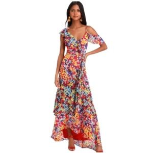 Lulus Swing Dress Strap Dress Maxi Long Floral Red Yellow Blue Size Large